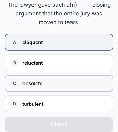 Actual LexiMap sentence-completion practice asking which word best completes a sentence