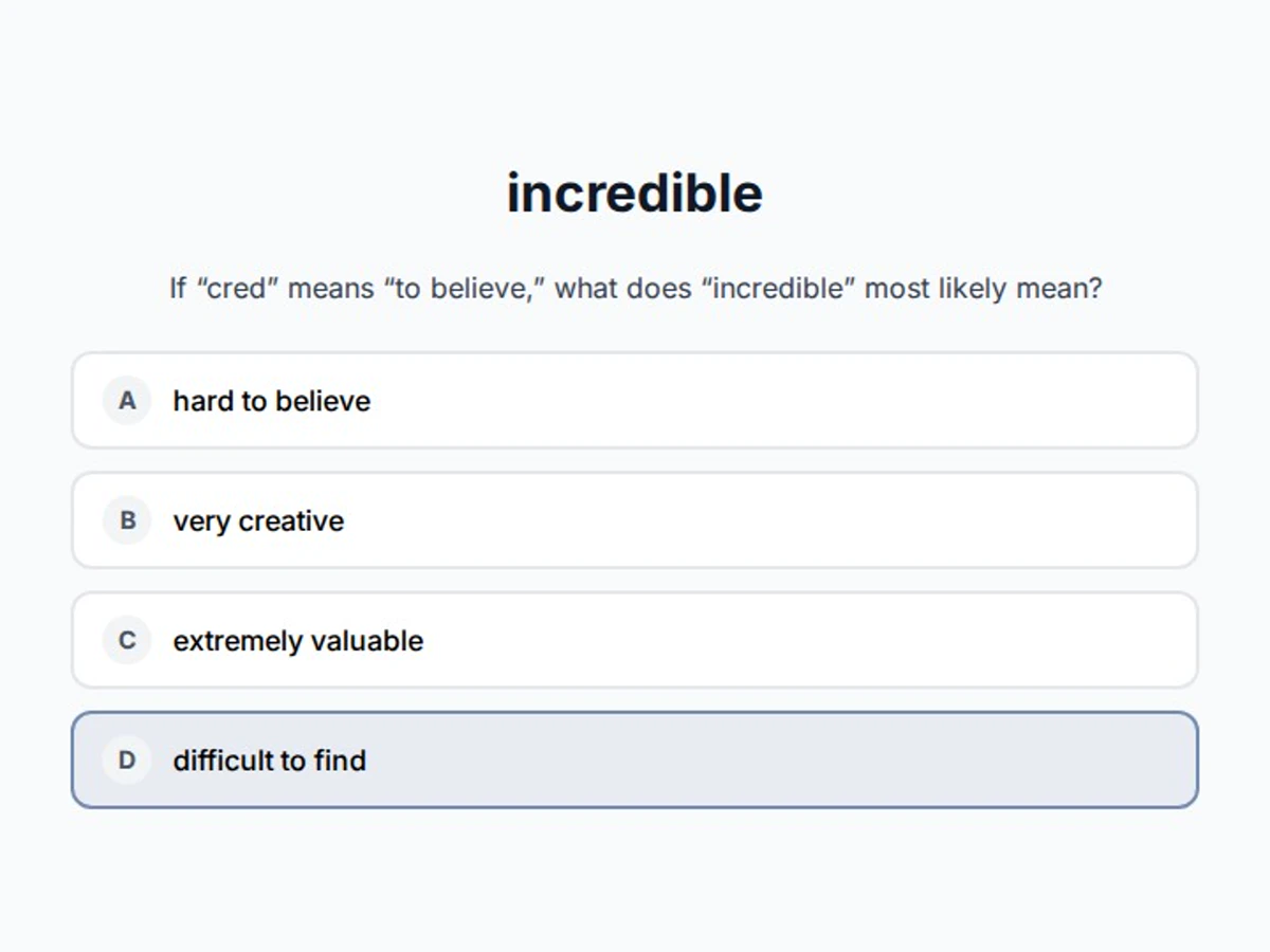 LexiMap check-up screen asking a child to infer the meaning of incredible from the root cred